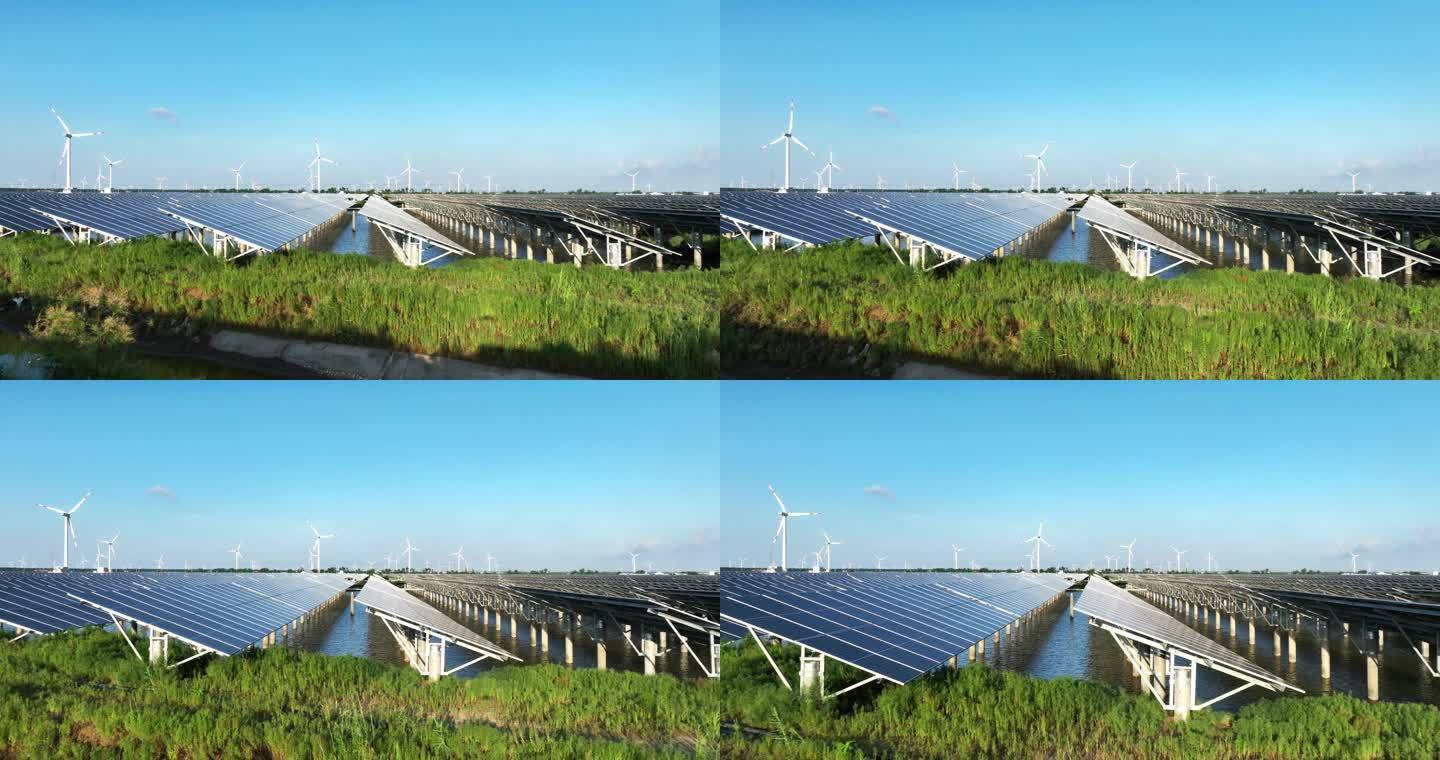 太阳能光伏发电站风能发电场风车航拍
